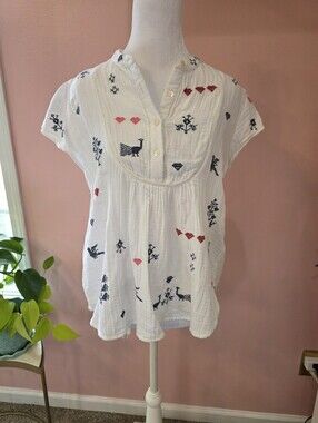 M.A.B.E. White Embroidered Cotton Gauze Boho Blouse Top Size S